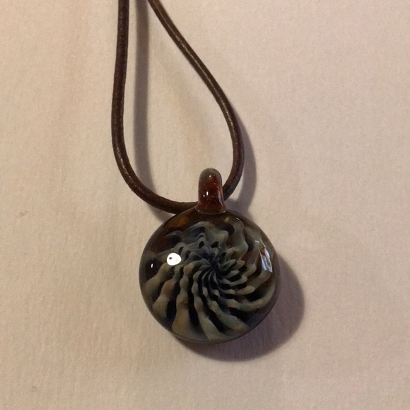 Blue and White Glass necklace on Brown Cord - Picture 4 of 10